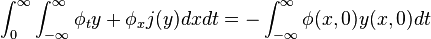  \int_{0}^{\infty} \int_{- \infty}^{\infty} \phi_t y + \phi_x j(y) dx dt = - \int_{-\infty}^{\infty} \phi(x,0) y(x,0) dt 