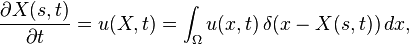 
\frac{\partial X(s,t)}{\partial t} = u(X,t) = \int_\Omega u(x,t) \, \delta\big(x - X(s,t)\big)  \, dx,
