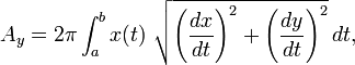 A_{y}=2\pi \int _{a}^{b}x(t)\ {\sqrt {\left({dx \over dt}\right)^{2}+\left({dy \over dt}\right)^{2}}}\,dt,