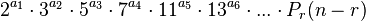 2^{a_1}\cdot 3^{a_2}\cdot 5^{a_3}\cdot 7^{a_4}\cdot 11^{a_5}\cdot 13^{a_6}\cdot ...\cdot P_r(n-r)