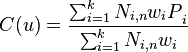 C(u) = \frac {\sum_{i=1}^k {N_{i,n}w_i P}_i} {\sum_{i=1}^k {N_{i,n}w_i}}