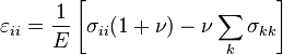  \varepsilon_{ii} = \frac {1}{E} \left [ \sigma_{ii}(1+\nu) - \nu \sum_k \sigma_{kk} \right ] 