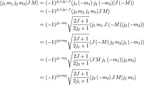 
\begin{align}
\langle j_1 \, m_1 \, j_2 \, m_2 | J \, M \rangle
  &= (-1)^{j_1 + j_2 - J} \langle j_1 \, (-m_1) \, j_2 \, (-m_2) | J \, (-M)\rangle \\
  &= (-1)^{j_1 + j_2 - J} \langle j_2 \, m_2 \, j_1 \, m_1 | J \, M \rangle \\
  &= (-1)^{j_1 - m_1} \sqrt{\frac{2 J + 1}{2 j_2 + 1}} \langle j_1 \, m_1 \, J \, (-M)| j_2 \, (-m_2) \rangle \\
  &= (-1)^{j_2 + m_2} \sqrt{\frac{2 J + 1}{2 j_1 + 1}} \langle J \, (-M) \, j_2 \, m_2| j_1 \, (-m_1) \rangle \\
  &= (-1)^{j_1 - m_1} \sqrt{\frac{2 J + 1}{2 j_2 + 1}} \langle J \, M \, j_1 \, (-m_1) | j_2 \, m_2 \rangle \\
  &= (-1)^{j_2 + m_2} \sqrt{\frac{2 J + 1}{2 j_1 + 1}} \langle j_2 \, (-m_2) \, J \, M | j_1 \, m_1 \rangle
\end{align}
