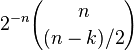 2^{-n}{n\choose (n-k)/2}