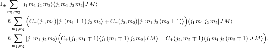 
\begin{align}
  &
     \mathrm J_\pm
       \sum_{m_1, m_2}
         |j_1 \, m_1 \, j_2 \, m_2\rangle
         \langle j_1 \, m_1 \, j_2 \, m_2 | J \, M\rangle \\
  &= \hbar \sum_{m_1, m_2} \Bigl(
         C_\pm(j_1, m_1) |j_1 \, (m_1 \pm 1) \, j_2 \, m_2\rangle
       + C_\pm(j_2, m_2) |j_1 \, m_1 \, j_2 \, (m_2 \pm 1)\rangle
     \Bigr) \langle j_1 \, m_1 \, j_2 \, m_2 | J \, M\rangle \\
  &= \hbar \sum_{m_1, m_2} |j_1 \, m_1 \, j_2 \, m_2\rangle \Bigl(
         C_\pm(j_1, m_1 \mp 1) \langle j_1 \, (m_1 \mp 1) \, j_2 \, m_2 | J \, M\rangle
       + C_\pm(j_2, m_2 \mp 1) \langle j_1 \, m_1 \, j_2 \, (m_2 \mp 1) | J \, M\rangle
     \Bigr)
  \text{.}
\end{align}
