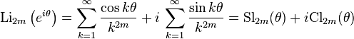 \text{Li}_{2m}\left(e^{i\theta}\right)=\sum_{k=1}^{\infty}\frac{\cos k\theta}{k^{2m}}+ i \, \sum_{k=1}^{\infty}\frac{\sin k\theta}{k^{2m}} = \text{Sl}_{2m}(\theta)+i\text{Cl}_{2m}(\theta)