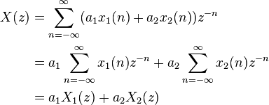 \begin{align}X(z) &= \sum_{n=-\infty}^{\infty} (a_1x_1(n)+a_2x_2(n))z^{-n} \\
         &= a_1\sum_{n=-\infty}^{\infty} x_1(n)z^{-n} + a_2\sum_{n=-\infty}^{\infty}x_2(n)z^{-n} \\
         &= a_1X_1(z) + a_2X_2(z) \end{align} 