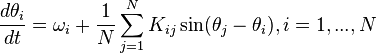 \frac{d\theta_i}{dt} = \omega_i + \frac{1}{N} \sum^N_{j = 1} K_{ij} \sin(\theta_j - \theta_i), i = 1, ..., N 