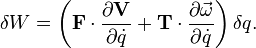  \delta W = \left(\mathbf{F}\cdot \frac{\partial \mathbf{V}}{\partial \dot{q}} + \mathbf{T}\cdot\frac{\partial \vec{\omega}}{\partial \dot{q}} \right)\delta q. 