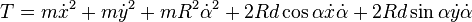 T = m\dot x^2 + m\dot y^2 + mR^2\dot\alpha^2 + 2R d \cos\alpha \dot x \dot \alpha + 2R d  \sin\alpha \dot y \dot \alpha