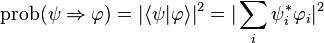 \operatorname{prob}(\psi \Rightarrow \varphi) = |\lang \psi |\varphi \rang|^2 = |\sum_i\psi^*_i \varphi_i |^2
