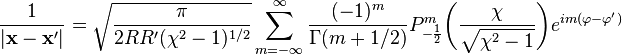   \frac{1}{|\mathbf{x} - \mathbf{x'}|} =
\sqrt{\frac{\pi}{2RR^\prime(\chi^2-1)^{1/2}}}
\sum_{m=-\infty}^\infty \frac{(-1)^m}{\Gamma(m+1/2)}  P_{-\frac{1}{2}}^m
\biggl(\frac{\chi}{\sqrt{\chi^2-1}}\biggr) e^{im(\varphi-\varphi^\prime)}
