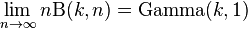 \lim_{n \to \infty}n\Beta(k,n) = \textrm{Gamma}(k,1)