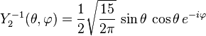 Y_{2}^{-1}(\theta,\varphi)={1\over 2}\sqrt{15\over 2\pi}\, \sin\theta\, \cos\theta\, e^{-i\varphi}