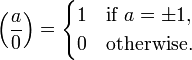 \left(\frac a0\right)=\begin{cases}1&\text{if }a=\pm1,\\0&\text{otherwise.}\end{cases}