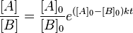 \frac{[A]}{[B]} = \frac{[A]_0}{[B]_0} e^{([A]_0 - [B]_0)kt}