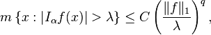 m \left \{x : \left |I_\alpha f(x) \right | > \lambda \right \} \le C \left( \frac{\|f\|_1}{\lambda} \right )^q,