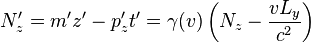 N_z' = m' z' - p_z' t' = \gamma(v)\left(N_z - \frac{v L_y}{c^2}\right) 