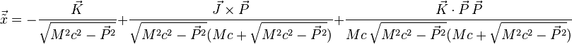 {\vec {\tilde x}} = - {\frac{{\vec K}}{\sqrt{M^2c^2 - {\vec P}^2}}}  +{\frac{{\vec J \times \vec P}}{{\sqrt{M^2c^2 - {\vec P}^2} (M c + \sqrt{M^2c^2 - {\vec P}^2})}}}  + {\frac{{\vec K \cdot \vec P\, \vec P}}{{Mc\, \sqrt{M^2c^2 - {\vec P}^2}
(Mc + \sqrt{M^2c^2 - {\vec P}^2}) }}}