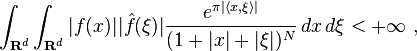 \int_{\mathbf{R}^d}\int_{\mathbf{R}^d}|f(x)||\hat{f}(\xi)|\frac{e^{\pi|\langle x,\xi\rangle|}}{(1+|x|+|\xi|)^N} \, dx \, d\xi < +\infty ~,