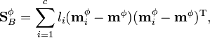 
\mathbf{S}_B^{\phi} = \sum_{i=1}^c l_i(\mathbf{m}_i^{\phi}-\mathbf{m}^{\phi})(\mathbf{m}_i^{\phi}-\mathbf{m}^{\phi})^{\text{T}},
