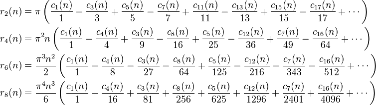 \begin{align}
r_2(n) &= \pi \left(\frac{c_1(n)}{1}- \frac{c_3(n)}{3}+ \frac{c_5(n)}{5}- \frac{c_7(n)}{7}+ \frac{c_{11}(n)}{11}- \frac{c_{13}(n)}{13}+ \frac{c_{15}(n)}{15} - \frac{c_{17}(n)}{17} + \cdots \right) \\
r_4(n) &= \pi^2 n \left( \frac{c_1(n)}{1}- \frac{c_4(n)}{4}+ \frac{c_3(n)}{9}- \frac{c_8(n)}{16}+ \frac{c_5(n)}{25}- \frac{c_{12}(n)}{36}+ \frac{c_7(n)}{49}- \frac{c_{16}(n)}{64}+ \cdots \right) \\
r_6(n) &= \frac{\pi^3 n^2}{2} \left( \frac{c_1(n)}{1}- \frac{c_4(n)}{8}- \frac{c_3(n)}{27}- \frac{c_8(n)}{64}+ \frac{c_5(n)}{125}- \frac{c_{12}(n)}{216}- \frac{c_7(n)}{343} - \frac{c_{16}(n)}{512}+ \cdots \right) \\
r_8(n) &= \frac{\pi^4 n^3}{6} \left( \frac{c_1(n)}{1}+ \frac{c_4(n)}{16}+  \frac{c_3(n)}{81}+  \frac{c_8(n)}{256}+ \frac{c_5(n)}{625}+ \frac{c_{12}(n)}{1296}+ \frac{c_7(n)}{2401}+ \frac{c_{16}(n)}{4096}+ \cdots \right)
\end{align}