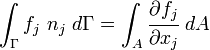 
  \int_{\Gamma} f_j~n_j~d\Gamma = \int_A \cfrac{\partial f_j}{\partial x_j}~dA
 