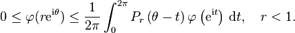  0 \le  \varphi(r \mathrm{e}^{\mathrm{i} \theta}) \le \frac{1}{2\pi} \int_0^{2\pi} P_r\left(\theta- t\right) \varphi\left(\mathrm{e}^{\mathrm{i} t}\right) \, \mathrm{d} t, \ \ \ r < 1.