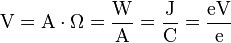 volt equals ampere times ohm, watt per ampere, and joules per coulomb