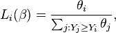 
L_i(\beta) = \frac{\theta_i}{\sum_{j:Y_j\ge Y_i}\theta_j},
