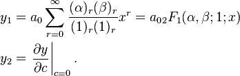 \begin{align} 
 y_1 &= a_0 \sum_{r = 0}^\infty \frac{(\alpha)_r (\beta)_r}{(1)_r (1)_r} x^r = a_0 {{}_2 F_1}(\alpha, \beta; 1; x) \\ 
 y_2 &= \left.\frac{\partial y}{\partial c}\right|_{c = 0}.
\end{align}