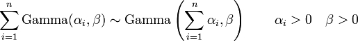 \sum_{i=1}^n \mathrm{Gamma}(\alpha_i,\beta) \sim \mathrm{Gamma}\left(\sum_{i=1}^n \alpha_i,\beta\right) \qquad \alpha_i>0  \quad \beta>0 