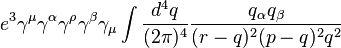 e^3 \gamma^\mu \gamma^\alpha \gamma^\rho \gamma^\beta \gamma_\mu \int \frac{d^4 q}{(2\pi)^4} \frac{q_\alpha q_\beta}{(r-q)^2 (p-q)^2 q^2}