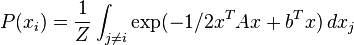  P(x_i) = \frac{1}{Z} \int_{j \ne i} \exp(-1/2x^TAx + b^Tx)\,dx_j