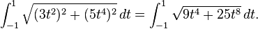 \int_{-1}^1 \sqrt{(3t^2)^2 + (5t^4)^2}\,dt = \int_{-1}^1 \sqrt{9t^4 + 25t^8}\,dt.