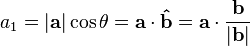 a_1 = |\mathbf{a}|\cos\theta = \mathbf{a}\cdot\mathbf{\hat b} = \mathbf{a}\cdot\frac{\mathbf{b}}{|\mathbf{b}|}\,