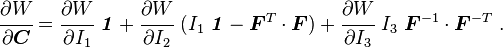 
   \cfrac{\partial W}{\partial \boldsymbol{C}} = 
     \cfrac{\partial W}{\partial I_1}~\boldsymbol{\mathit{1}} +
     \cfrac{\partial W}{\partial I_2}~(I_1~\boldsymbol{\mathit{1}} - \boldsymbol{F}^T\cdot\boldsymbol{F}) +
     \cfrac{\partial W}{\partial I_3}~I_3~\boldsymbol{F}^{-1}\cdot\boldsymbol{F}^{-T} ~.
 