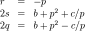 
  \begin{array}{lcl}
  r & = & -p \\
 2s & = & b + p^2 + c/p \\
 2q & = & b + p^2 - c/p
  \end{array}
 