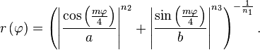 r\left(\varphi\right) =
\left(
        \left|
                \frac{\cos\left(\frac{m\varphi}{4}\right)}{a}
        \right| ^{n_2}
+
        \left|
                \frac{\sin\left(\frac{m\varphi}{4}\right)}{b}
        \right| ^{n_3}
\right) ^{-\frac{1}{n_{1}}}.
