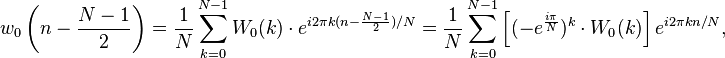 \begin{align}
w_0\left(n-\frac{N-1}{2}\right) 
= \frac{1}{N} \sum_{k=0}^{N-1} W_0(k) \cdot e^{i 2 \pi k (n-\frac{N-1}{2}) / N}
=\frac{1}{N} \sum_{k=0}^{N-1} \left[(-e^{\frac{i\pi}{N}})^k\cdot W_0(k)\right] e^{i 2 \pi k n / N},
\end{align}