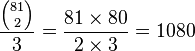 \frac{{81 \choose 2}}{3} = \frac{81 \times 80}{2 \times 3} = 1080