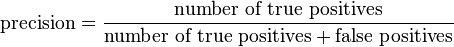 \text{precision}=\frac{\text{number of true positives}}{\text{number of true positives}+\text{false positives}}