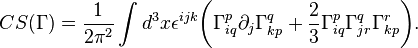 CS(\Gamma)=\frac{1}{2\pi^2}\int d^3x\epsilon^{ijk}\biggl(\Gamma^p_{iq}\partial_j\Gamma^q_{kp}+\frac{2}{3}\Gamma^p_{iq}\Gamma^q_{jr}\Gamma^r_{kp}\biggr).