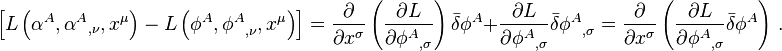 
\left[ L \left( \alpha^A, {\alpha^A}_{,\nu}, x^\mu \right) - 
L \left( \phi^A, {\phi^A}_{,\nu}, x^{\mu} \right) \right] 
= \frac{\partial}{\partial x^\sigma} \left( \frac{\partial L}{\partial {\phi^A}_{,\sigma}} \right) \bar{\delta} \phi^A + 
\frac{\partial L}{\partial {\phi^A}_{,\sigma}} \bar{\delta} {\phi^A}_{,\sigma}
= \frac{\partial}{\partial x^\sigma} 
\left( \frac{\partial L}{\partial {\phi^A}_{,\sigma}} \bar{\delta} \phi^A \right)
\,.