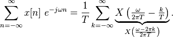 
\sum_{n=-\infty}^{\infty} x[n]\ e^{-j\omega n} = \frac{1}{T}\sum_{k=-\infty}^{\infty} \underbrace{X\left(\tfrac{\omega}{2\pi T} - \tfrac{k}{T}\right)}_{X\left(\frac{\omega - 2\pi k}{2\pi T}\right)}.
