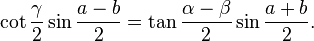 \cot\frac{\gamma}{2} \sin\frac{a-b}{2} = \tan\frac{\alpha-\beta}{2} \sin\frac{a+b}{2}.