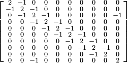 \left [
\begin{smallmatrix}
 2 & -1 &  0 &  0 &  0 &  0 &  0 & 0 & 0  & 0 \\
-1 &  2 & -1&  0 &  0 &  0 &  0 & 0 & 0 & 0 \\
 0 & -1 &  2 & -1 &  0 &  0 &  0 & 0 & 0 & -1 \\
 0 &  0 & -1 &  2 & -1 &  0 &  0 & 0 & 0 & 0  \\
 0 &  0 &  0 & -1 &  2 & -1 &  0 & 0 & 0 & 0  \\
 0 &  0 &  0 &  0 & -1 &  2 & -1 & 0 & 0 & 0  \\
 0 &  0 &  0 &  0 &  0 & -1 &  2 & -1 & 0 & 0  \\
 0 &  0 &  0 &  0 &  0 & 0 &  -1 & 2 & -1 & 0  \\
 0 &  0 &  0 &  0 &  0 & 0 &  0 & -1 & 2 & 0  \\
 0 & 0 &  -1 &  0 &  0 &  0 &  0 &  0 &  0 & 2
\end{smallmatrix}\right ]