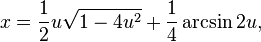  x= {1\over 2} u \sqrt{1-4u^2} + {1\over 4} \arcsin 2u, \,