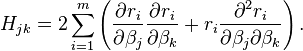 H_{jk}=2\sum_{i=1}^m \left(\frac{\partial r_i}{\partial \beta_j}\frac{\partial r_i}{\partial \beta_k}+r_i\frac{\partial^2 r_i}{\partial \beta_j \partial \beta_k} \right).