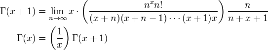 \begin{align}
\Gamma(x+1)&= \lim_{n\to\infty}x\cdot\left(\frac{n^xn!}{(x+n)(x+n-1)\cdots(x+1)x}\right)\frac{n}{n+x+1}\\
\Gamma(x)&=\left(\frac{1}{x}\right)\Gamma(x+1)
\end{align}